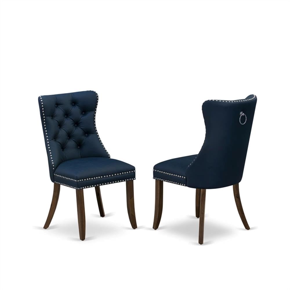 9-Piece Walnut Finish Acacia Wood Dining Set with 8 Navy Blue Upholstered Chairs J7751