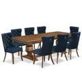 9-Piece Walnut Finish Acacia Wood Dining Set with 8 Navy Blue Upholstered Chairs J7751