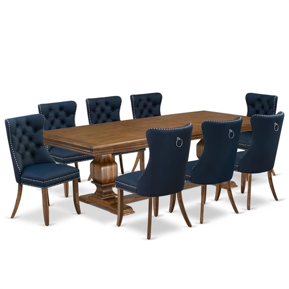 9-Piece Walnut Finish Acacia Wood Dining Set with 8 Navy Blue Upholstered Chairs J7751