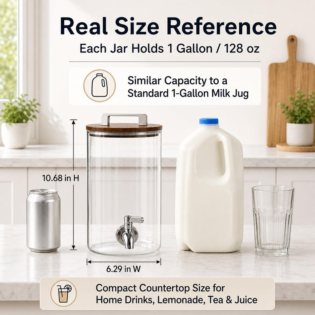 2 Pack 1 Gallon Glass Drink Dispensers with Acacia Wood Stand A4672