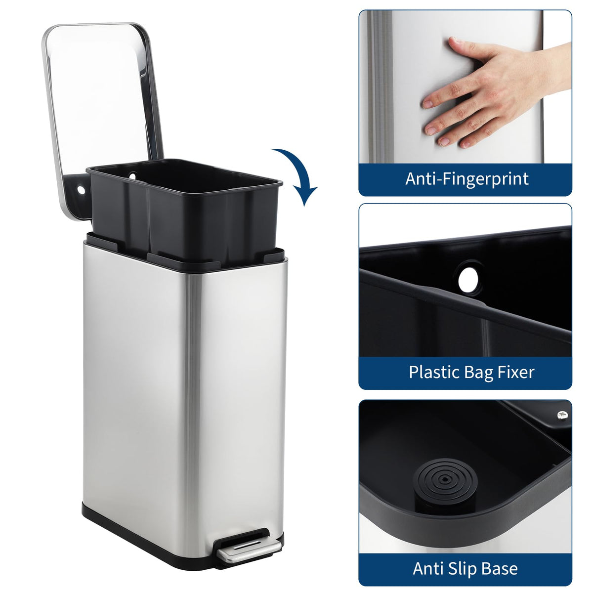 13 Gallon Stainless Steel Slim Kitchen Trash Can B113
