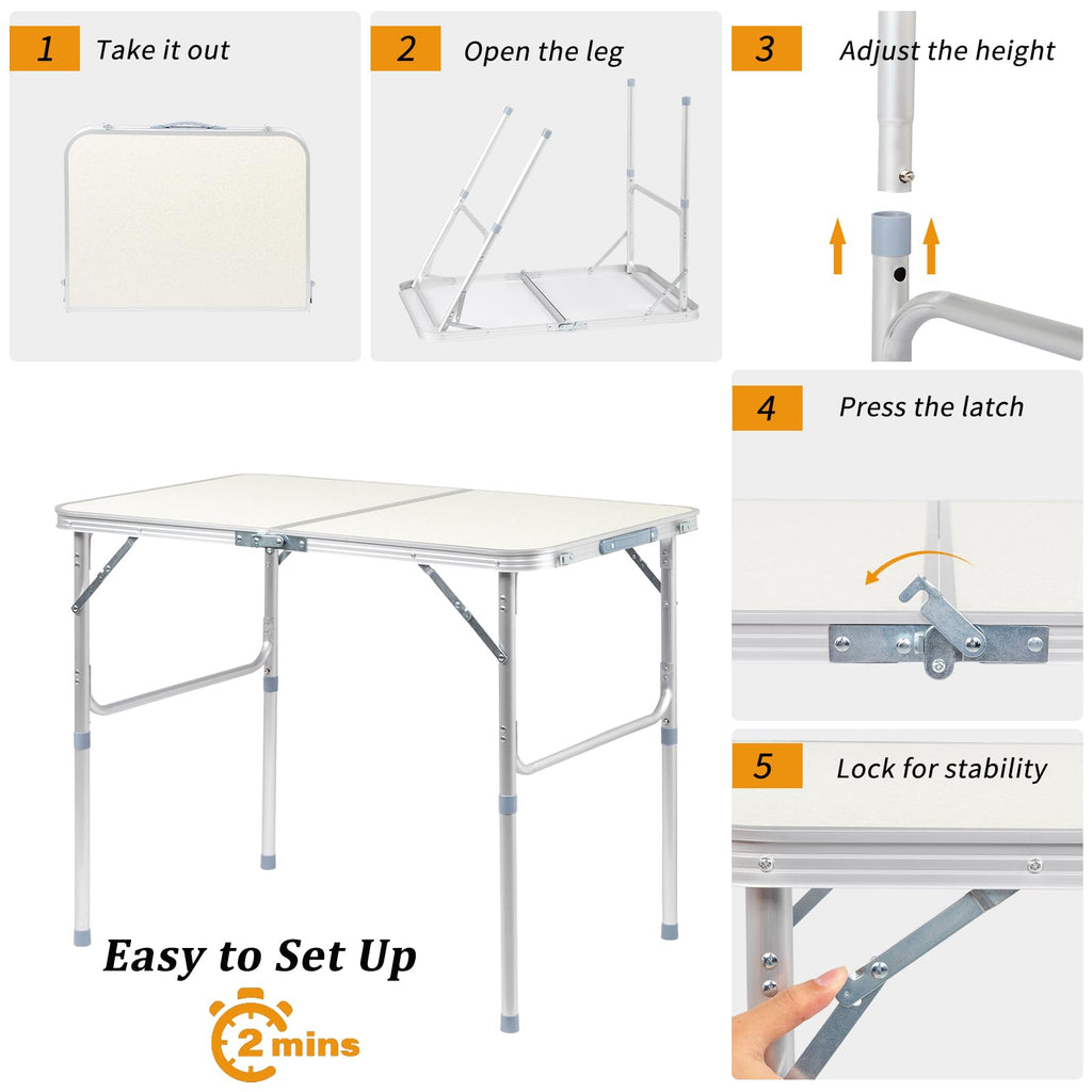 Aluminum Folding Table, Portable and Adjustable Rectangle Table, White (3FT) J81705