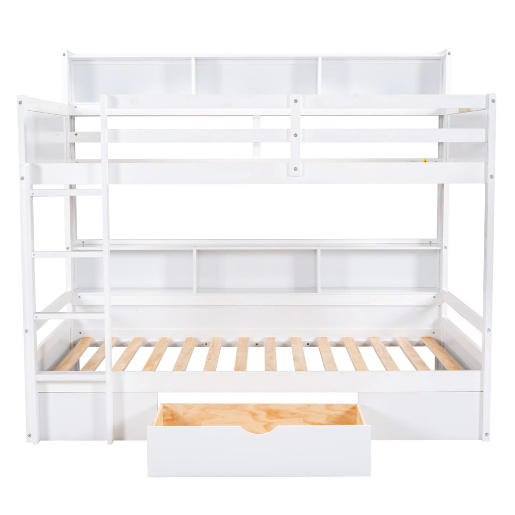 Twin Over Twin Wooden Bunk Bed with Shelves and Storage Drawer L6638