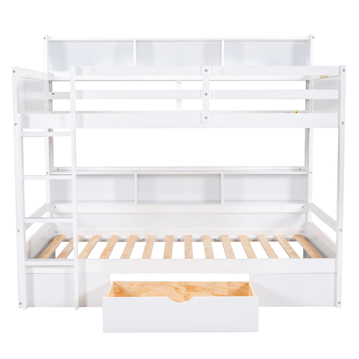 Twin Over Twin Wooden Bunk Bed with Shelves and Storage Drawer L6638