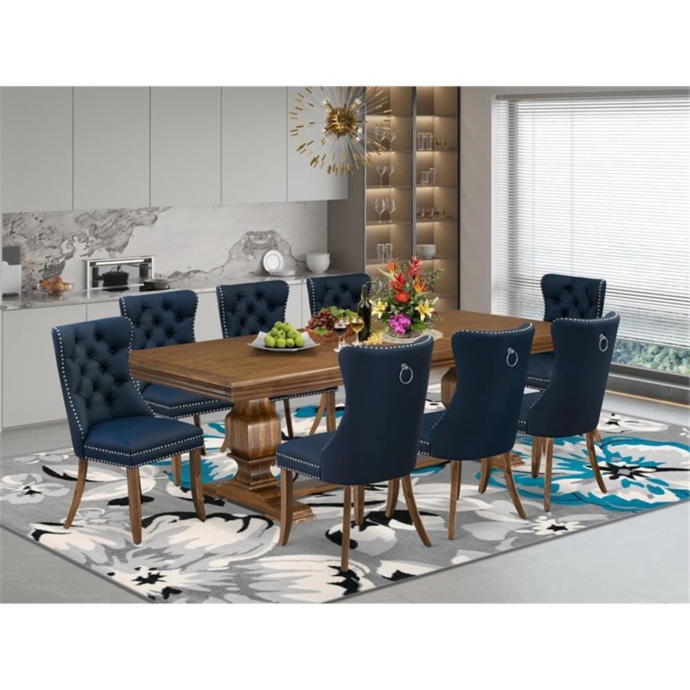 9-Piece Walnut Finish Acacia Wood Dining Set with 8 Navy Blue Upholstered Chairs J7751