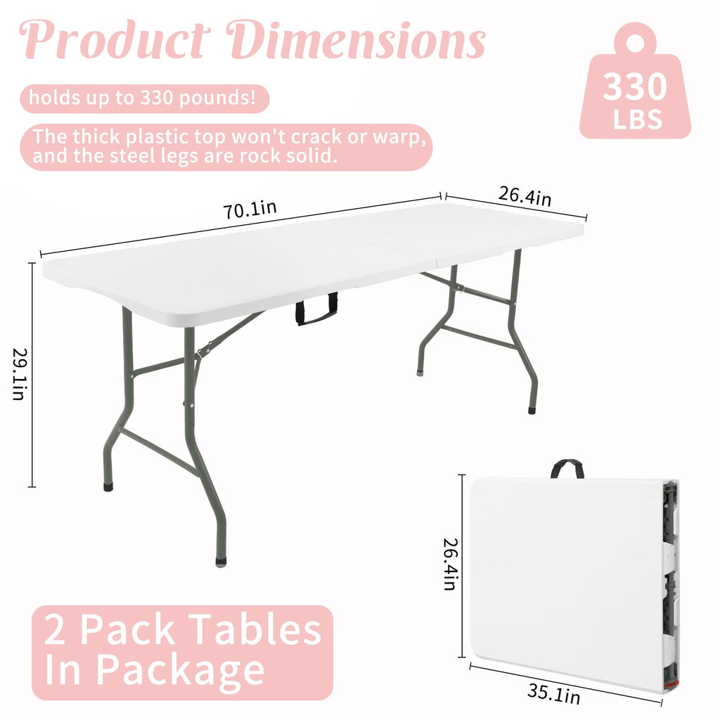 2 Pack 6 Feet Portable Folding Table White Plastic U5185
