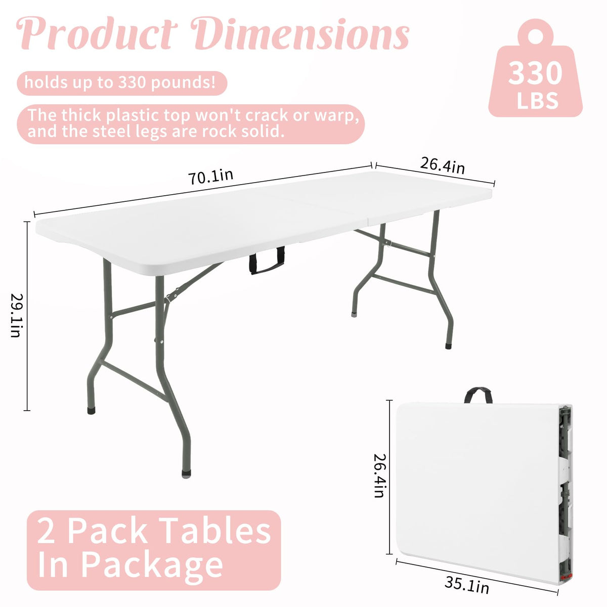 2 Pack 6 Feet Portable Folding Table White Plastic U5185