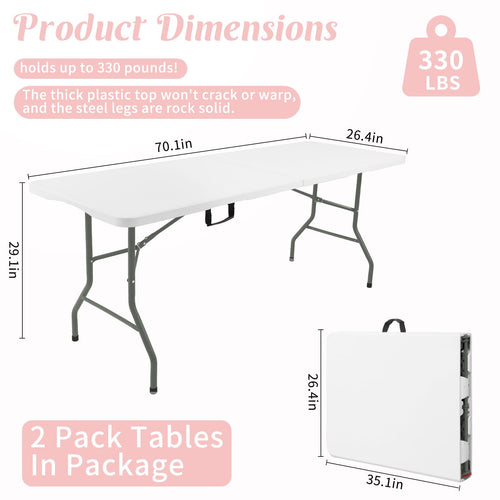 2 Pack 6 Feet Portable Folding Table White Plastic U5185