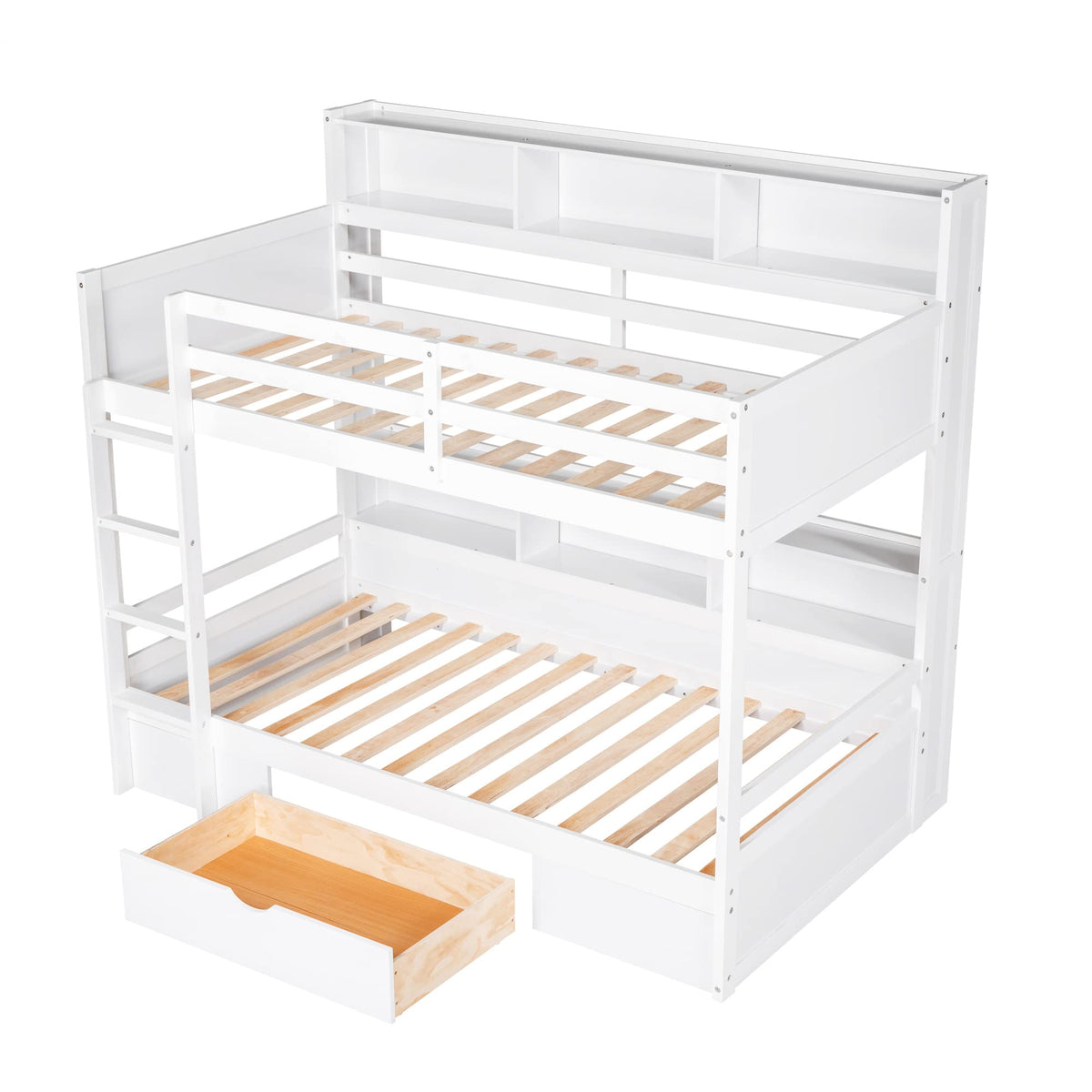 Twin Over Twin Wooden Bunk Bed with Shelves and Storage Drawer L6638