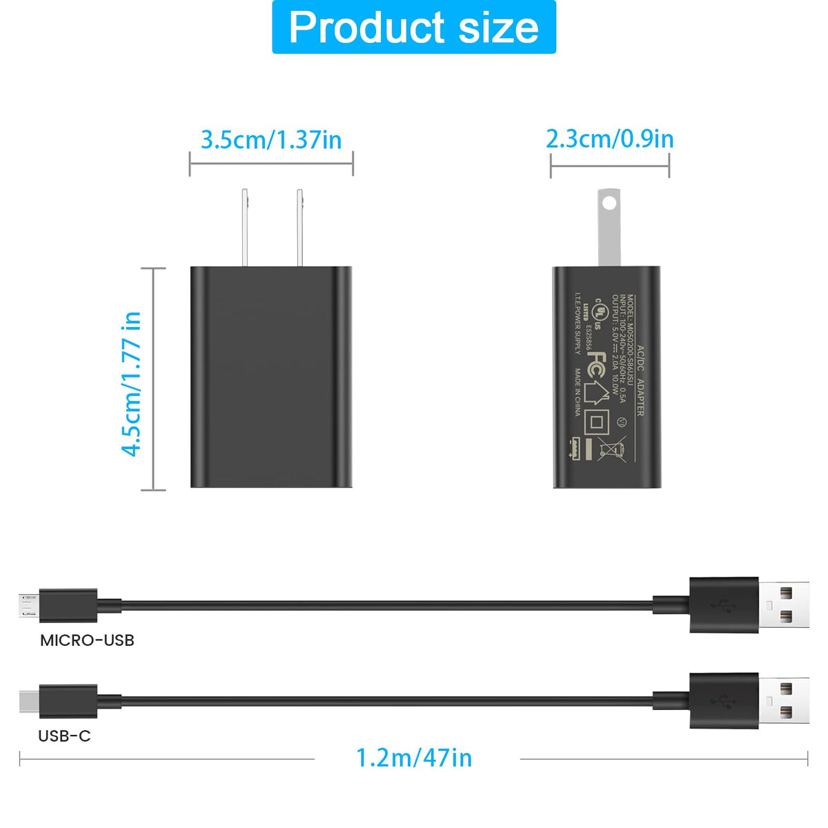 2A Power Adapter with USB Type-C and Micro USB Cables K8840
