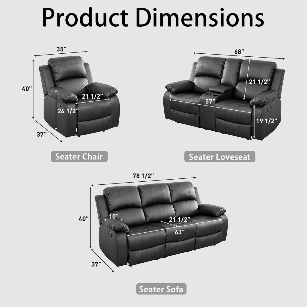 Black 3 Piece Leather Recliner Sofa Set with Cup Holders M214553
