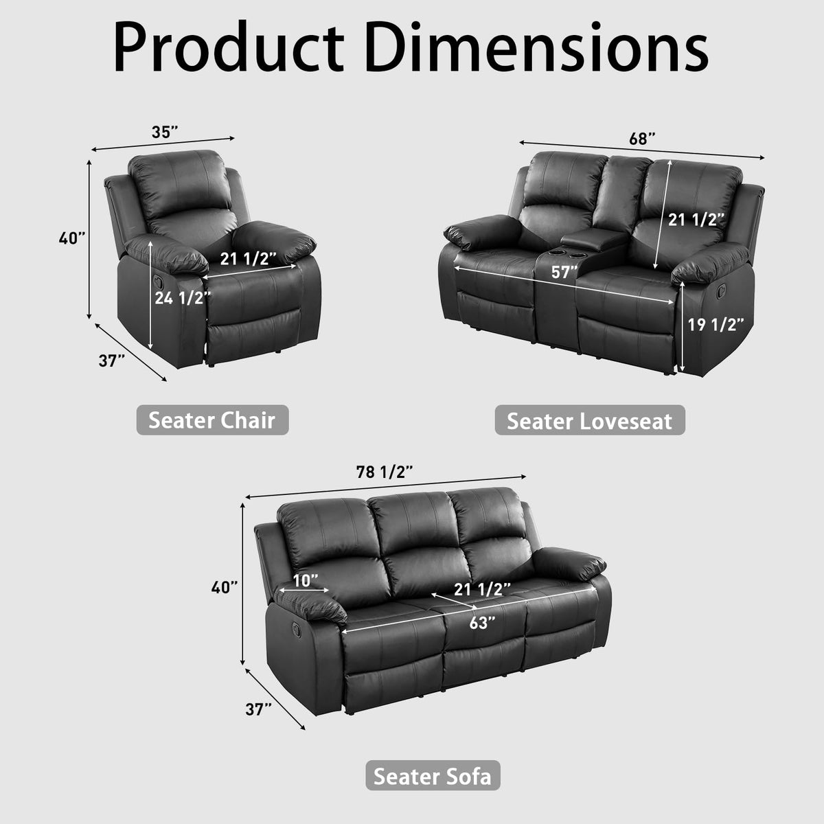Black 3 Piece Leather Recliner Sofa Set with Cup Holders M214553