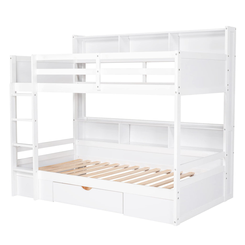 Twin Over Twin Wooden Bunk Bed with Shelves and Storage Drawer L6638