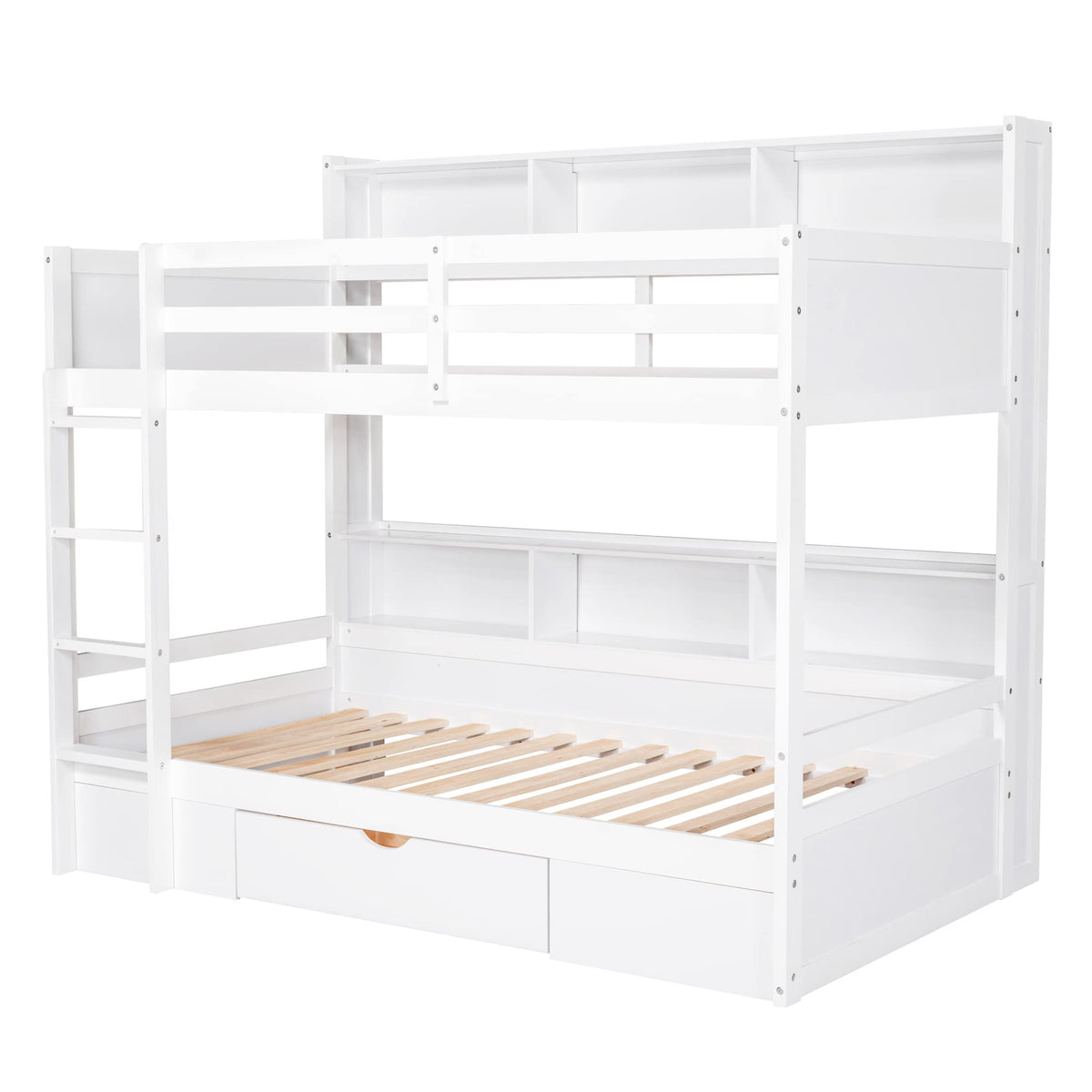 Twin Over Twin Wooden Bunk Bed with Shelves and Storage Drawer L6638