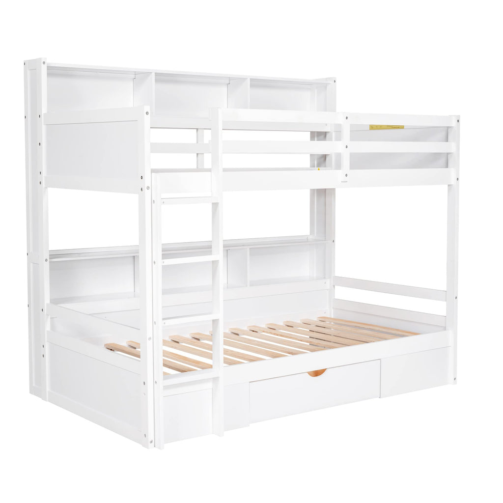 Twin Over Twin Wooden Bunk Bed with Shelves and Storage Drawer L6638