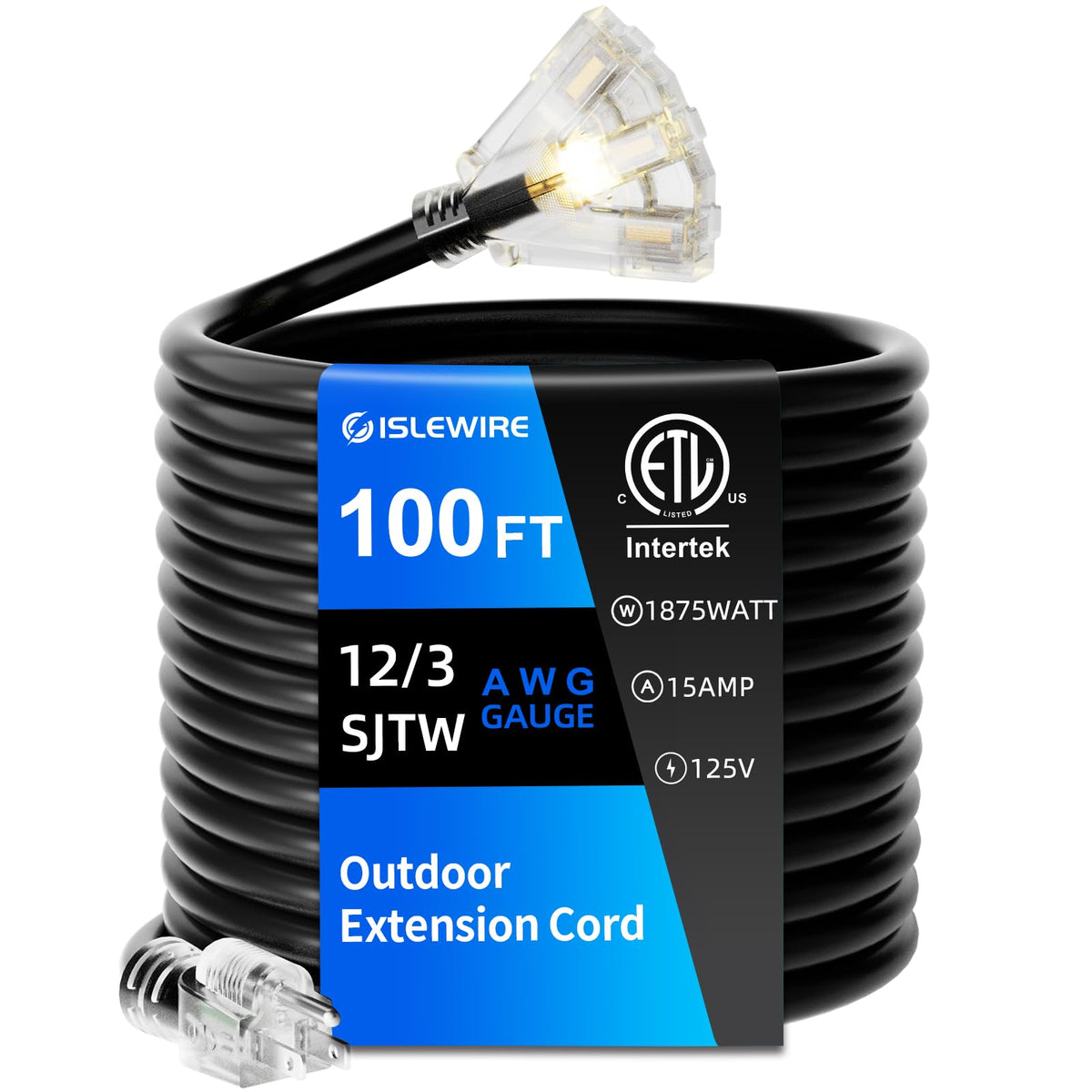 100 FT 12 Gauge Black Extension Cord with 3 Outlet I816516