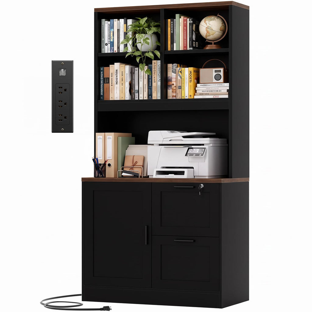 Black Vertical File Cabinet Bookcase with Printer Stand P64834