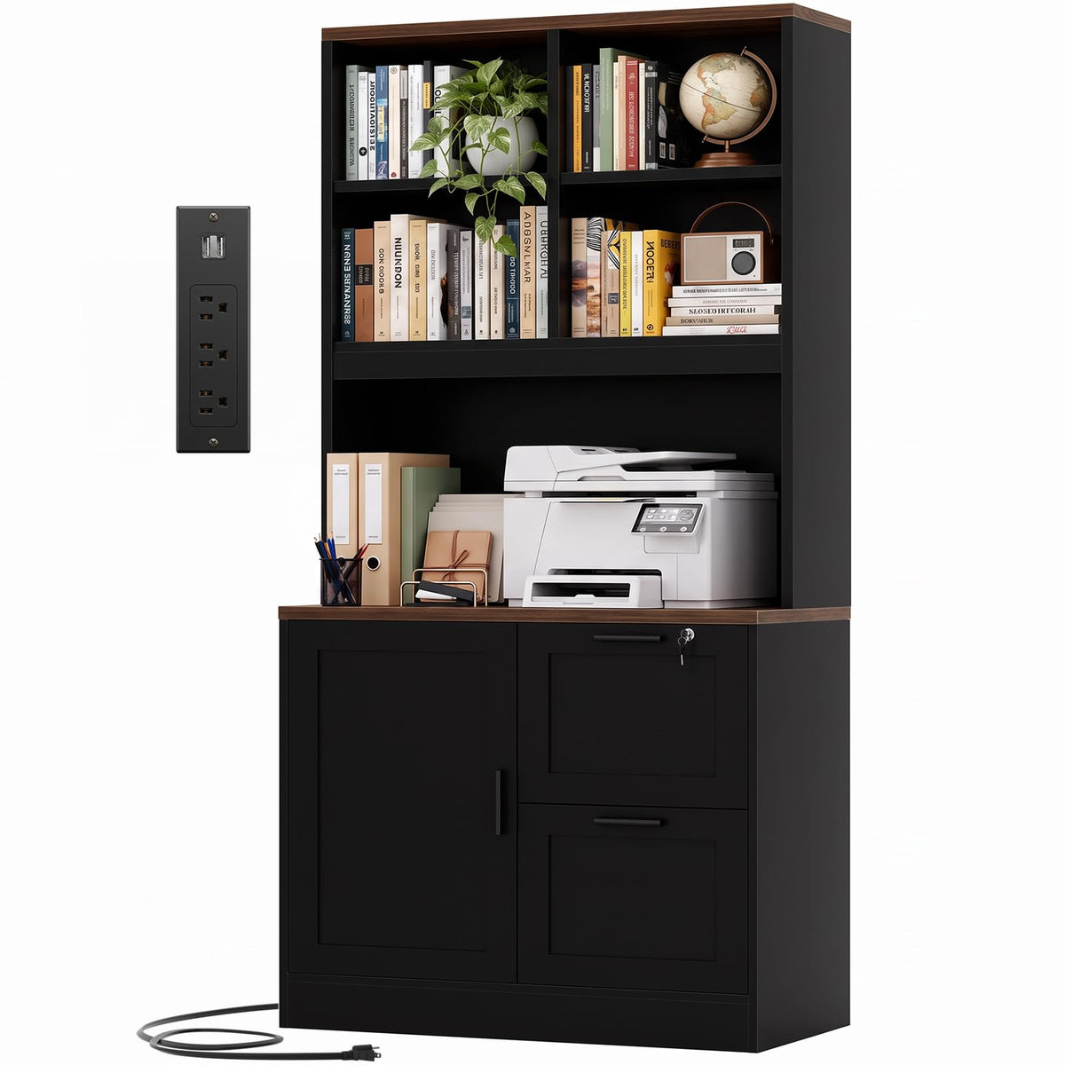 Black Vertical File Cabinet Bookcase with Printer Stand P64834