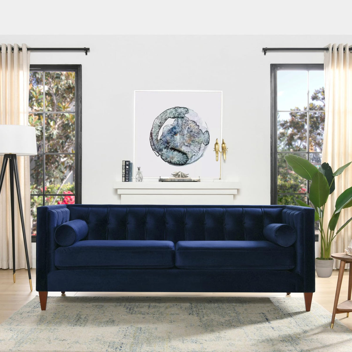 84" Tufted Navy Blue Velvet Sofa with Two Reversible Cushions N4227