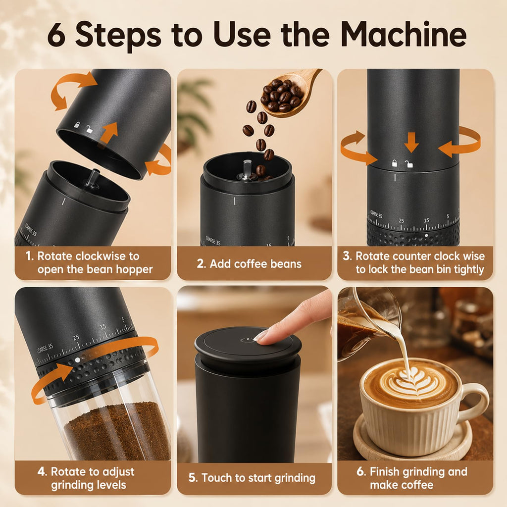 Portable Electric Coffee Grinder, Stainless Steel Conical Mill, USB-C Cordless, 38 Adjustable Grind Settings O11858