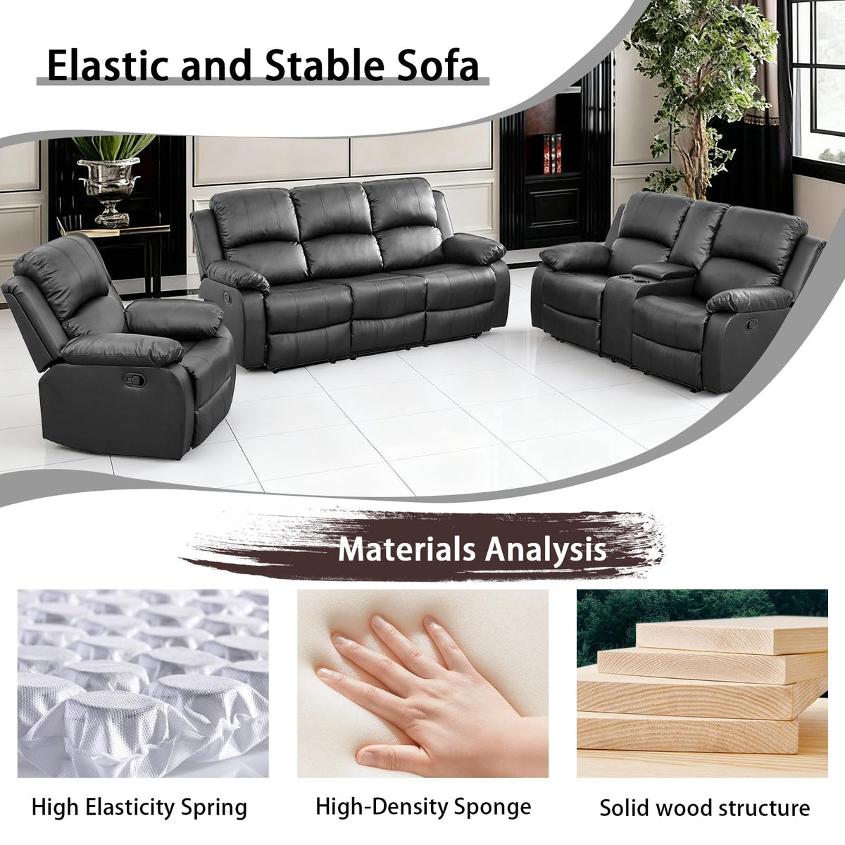 Black 3 Piece Leather Recliner Sofa Set with Cup Holders M214553