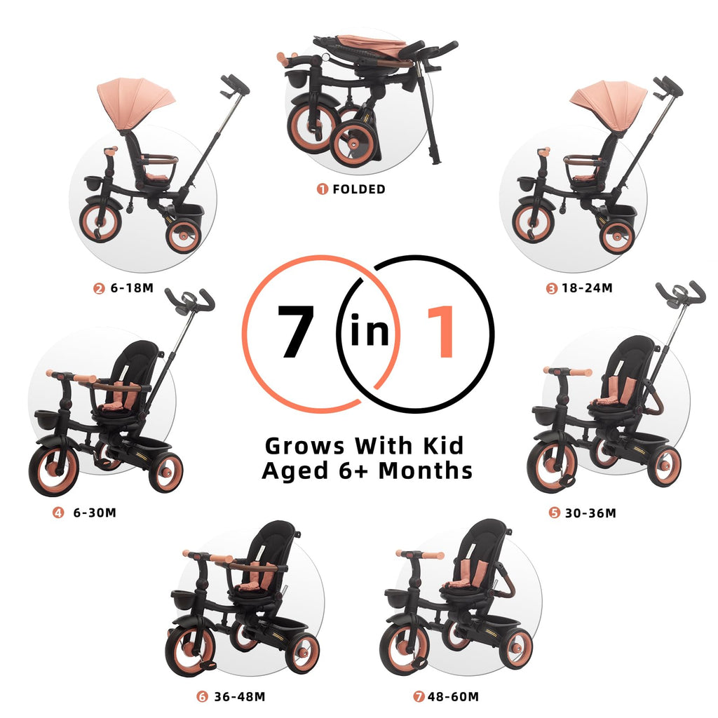 7-in-1 Tricycle Stroller with Push Handle, Rotating Seat, UV-Proof Canopy, Non-Pneumatic Wheels, Dual Brakes and Storage G168