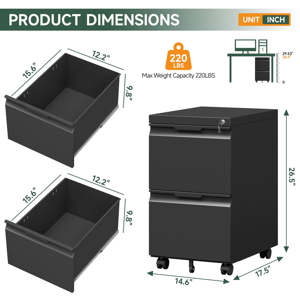 Black 2 Drawer Metal Rolling File Cabinet with Lock H6951