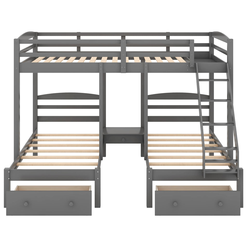 Full Over 2 Twin Wood Triple Bunk Bed with 3 Drawers and Guardrails Y42065