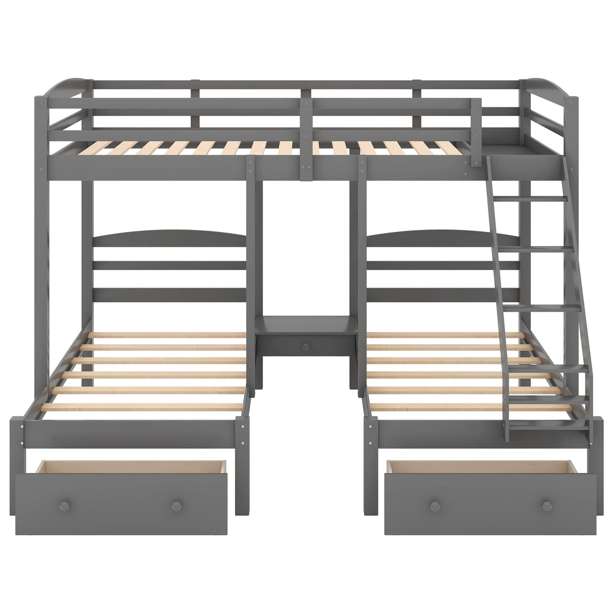 Full Over 2 Twin Wood Triple Bunk Bed with 3 Drawers and Guardrails Y42065