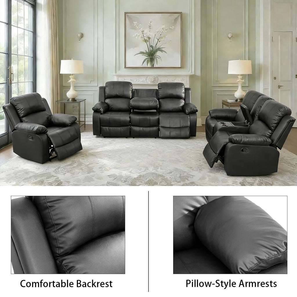 Black 3 Piece Leather Recliner Sofa Set with Cup Holders M214553