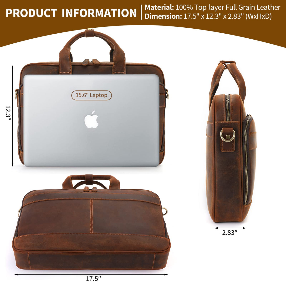 Full Grain Leather Briefcase Fits 15.6 Inch Laptop S7682