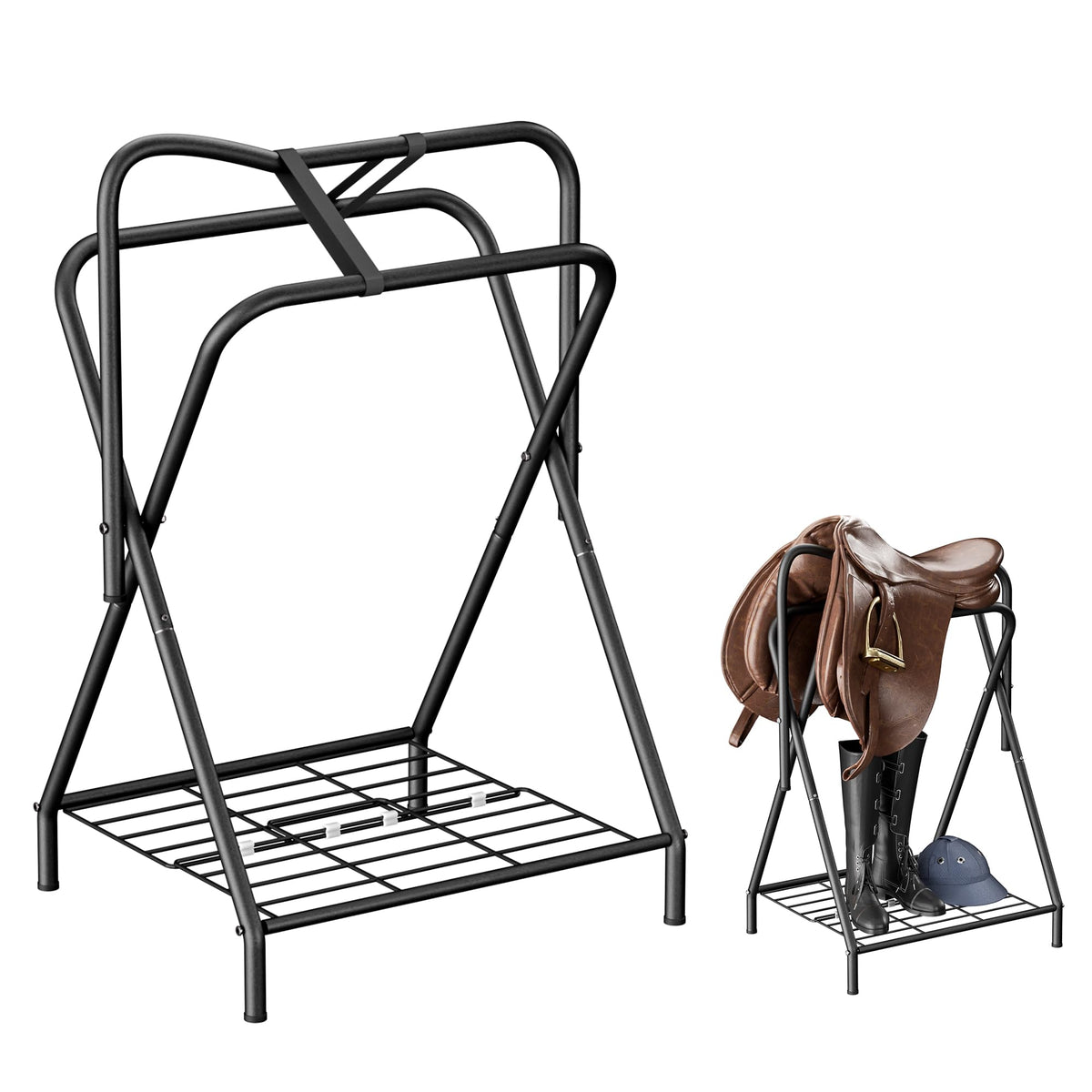 Foldable Saddle Rack with Storage Shelf, Black C31059