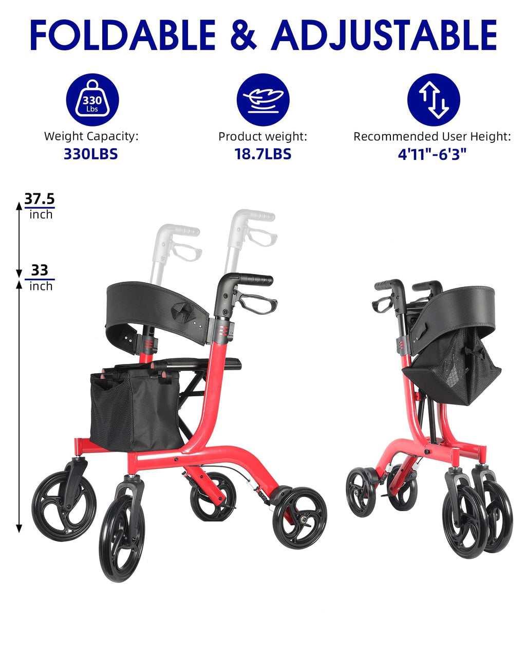 Foldable Rollator Walker with Seat, 19 lbs Lightweight, 10-Inch Wheels A340854