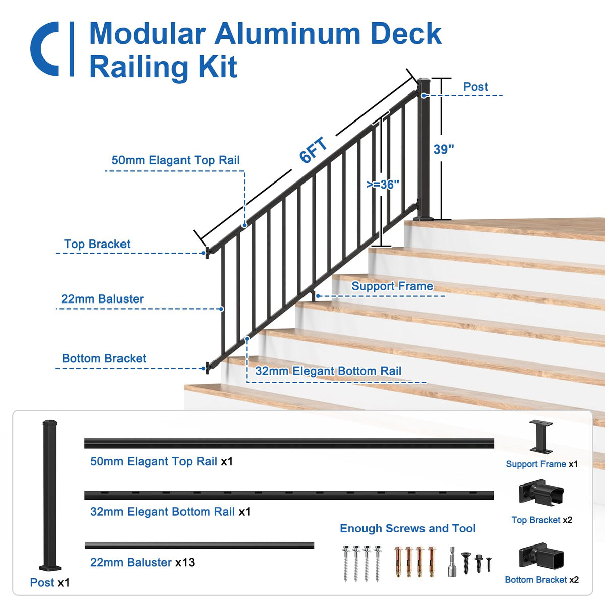 1 Pack 36 in. H x 6 ft. W Aluminum Stair Railing Kit with Post H248528