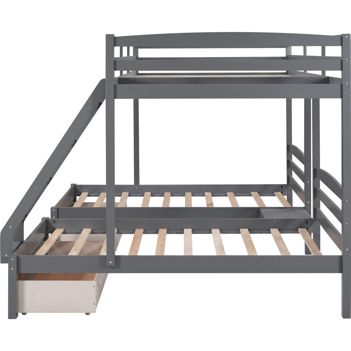 Full Over 2 Twin Wood Triple Bunk Bed with 3 Drawers and Guardrails Y42065
