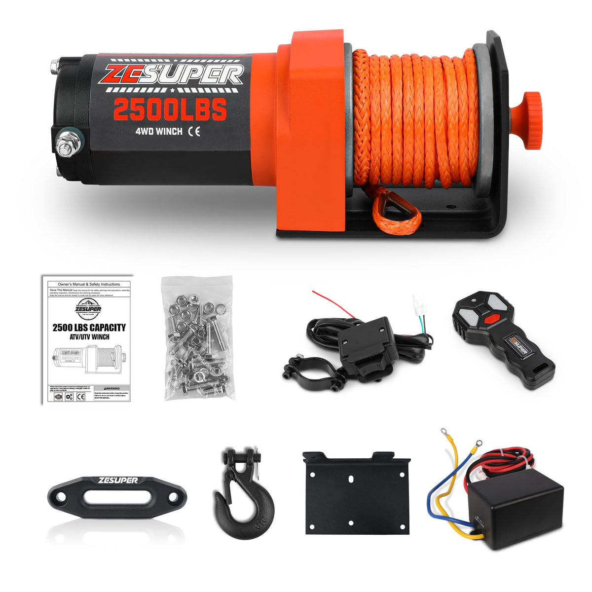 2500 lb Electric Winch 30ft Synthetic Rope 12V DC E970522