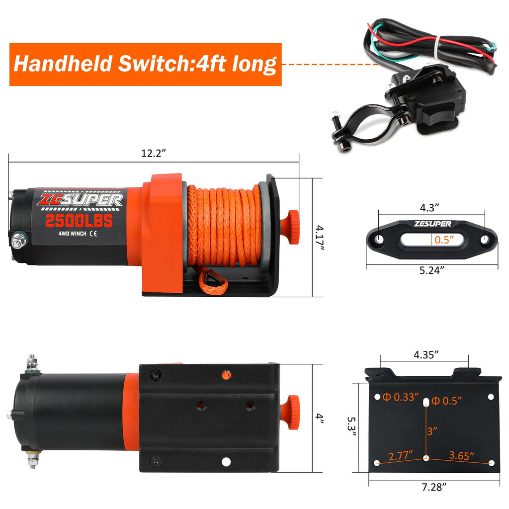 2500 lb Electric Winch 30ft Synthetic Rope 12V DC E970522