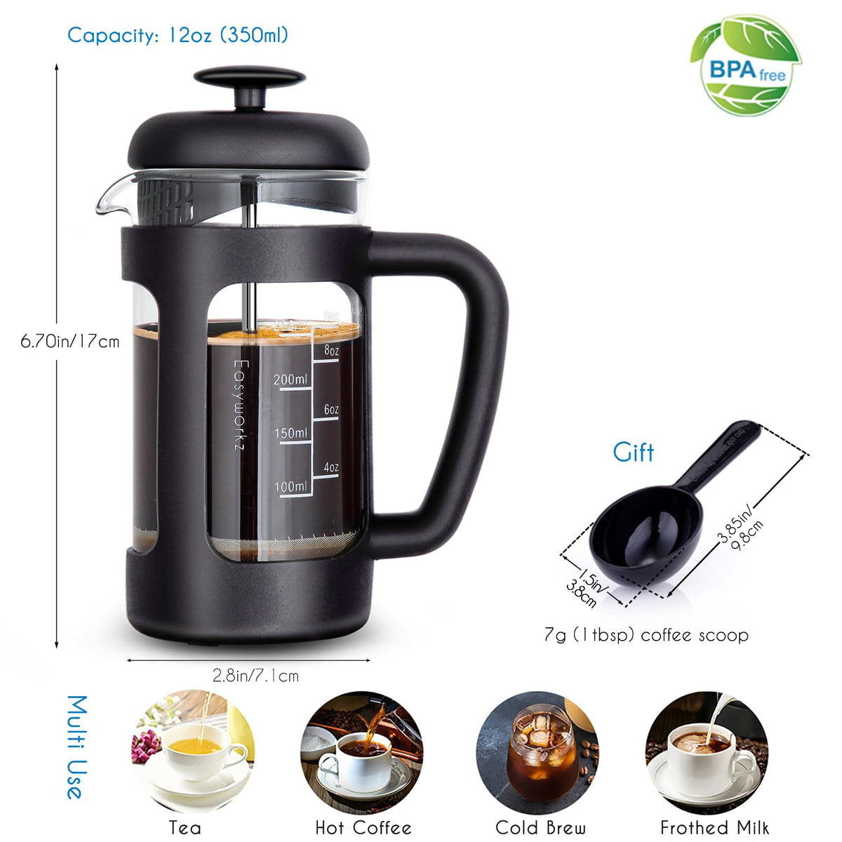 12 oz French Press Coffee Tea Maker with Measuring Coffee Spoon P6965