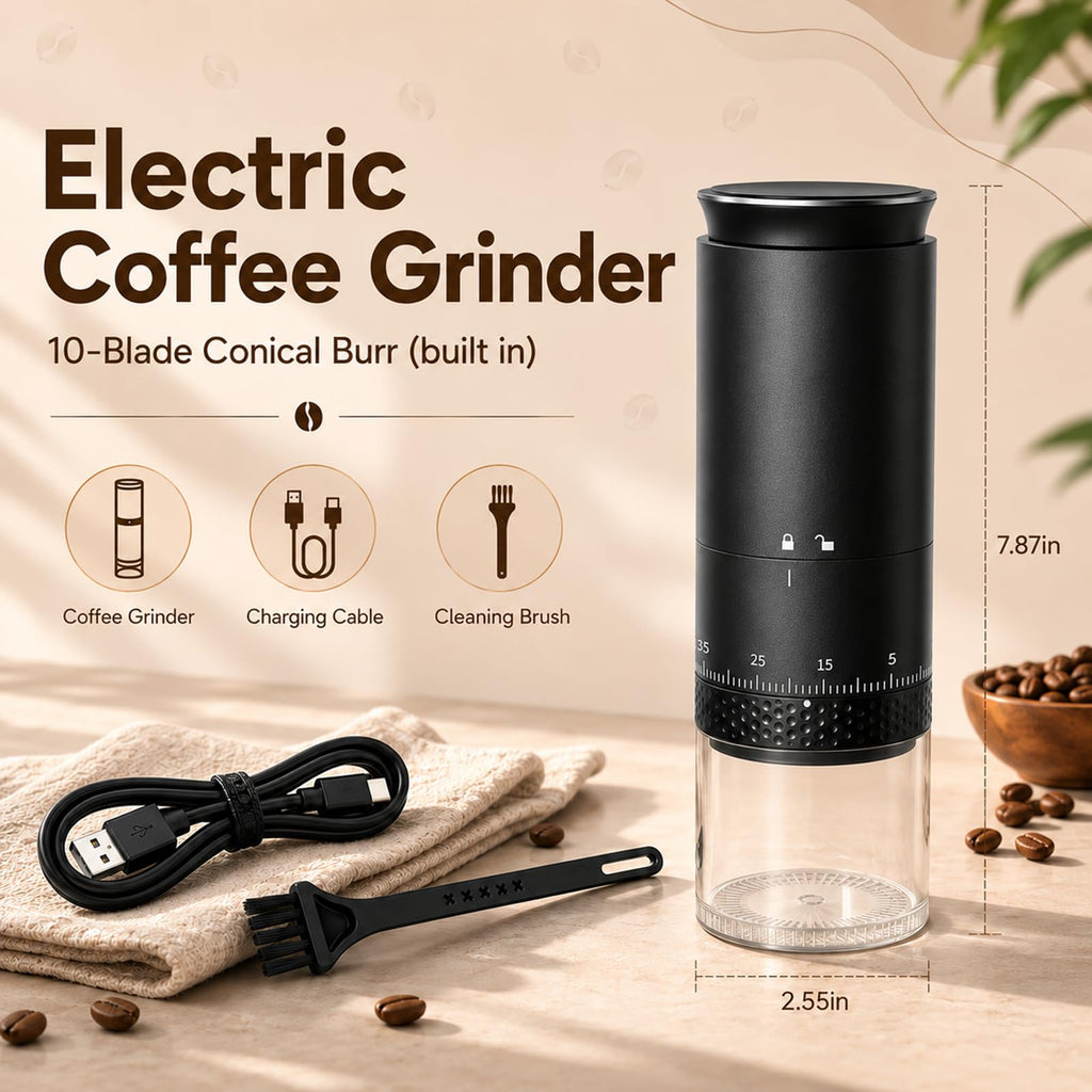 Portable Electric Coffee Grinder, Stainless Steel Conical Mill, USB-C Cordless, 38 Adjustable Grind Settings O11858