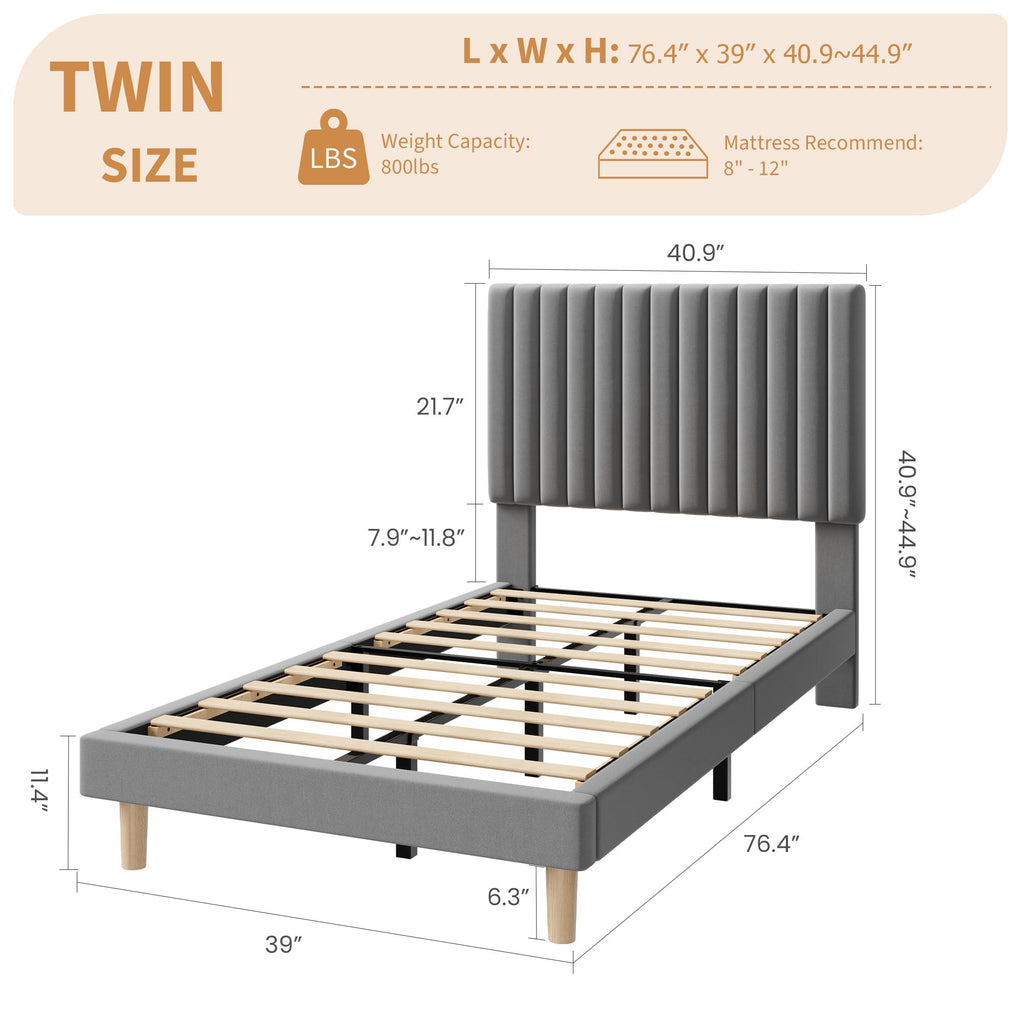 Twin Velvet Upholstered Platform Bed with Adjustable Headboard S1583