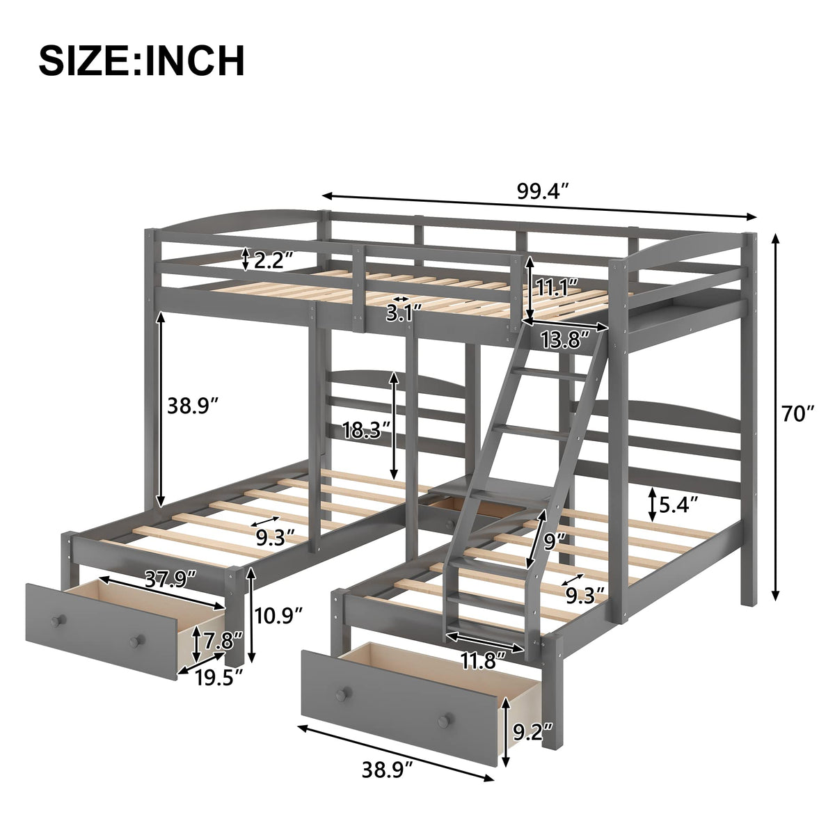 Full Over 2 Twin Wood Triple Bunk Bed with 3 Drawers and Guardrails Y42065
