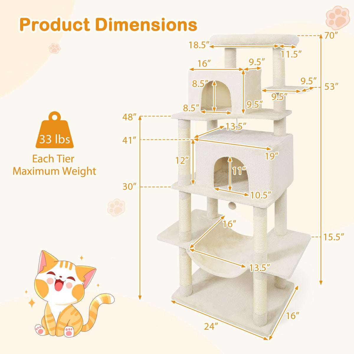 70 Inch Multi-Level Cat Tree with Sisal Scratching Posts and Condos N367157