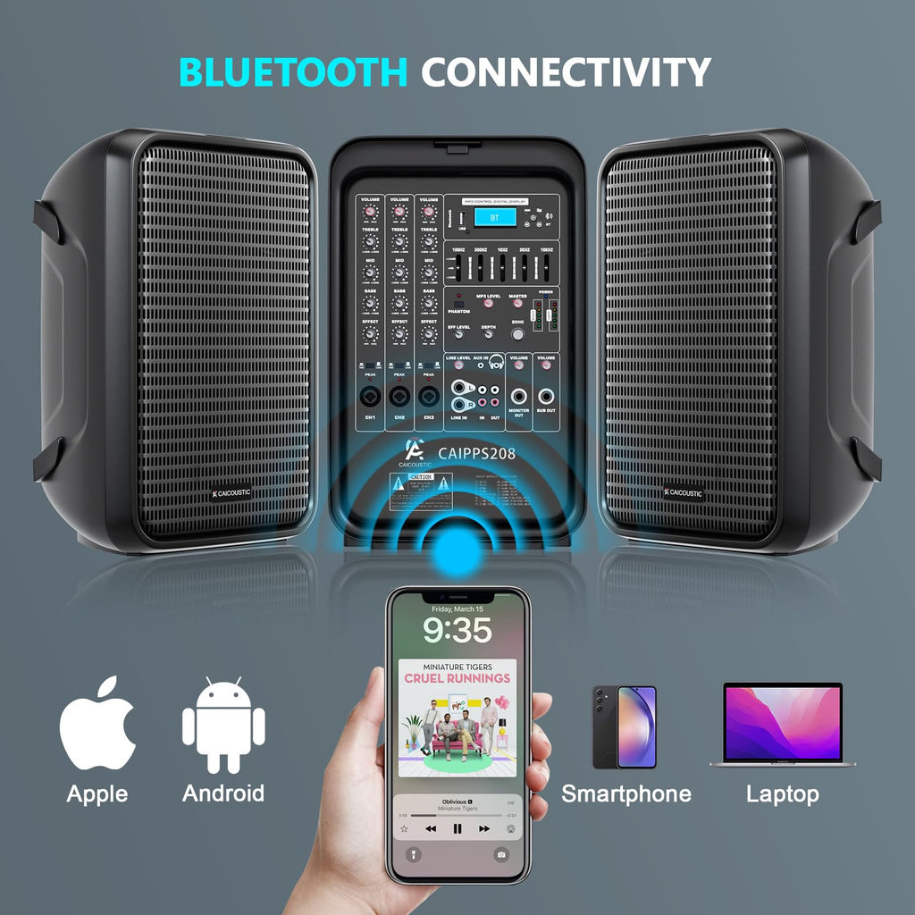 300W 8-Channel Bluetooth PA Speaker System with 8" Subwoofer and 1" Horn Tweeter S805124