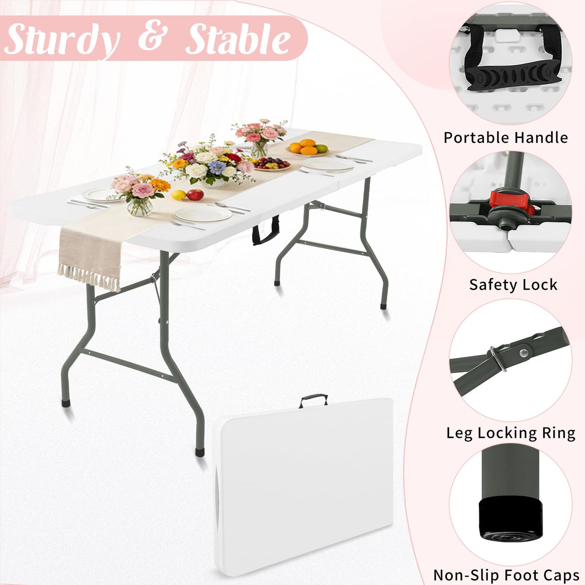 2 Pack 6 Feet Portable Folding Table White Plastic U5185