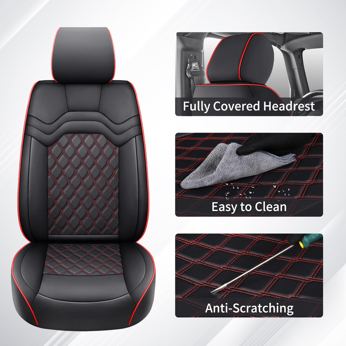 Waterproof Leather Seat Covers Full Set Black Red J462