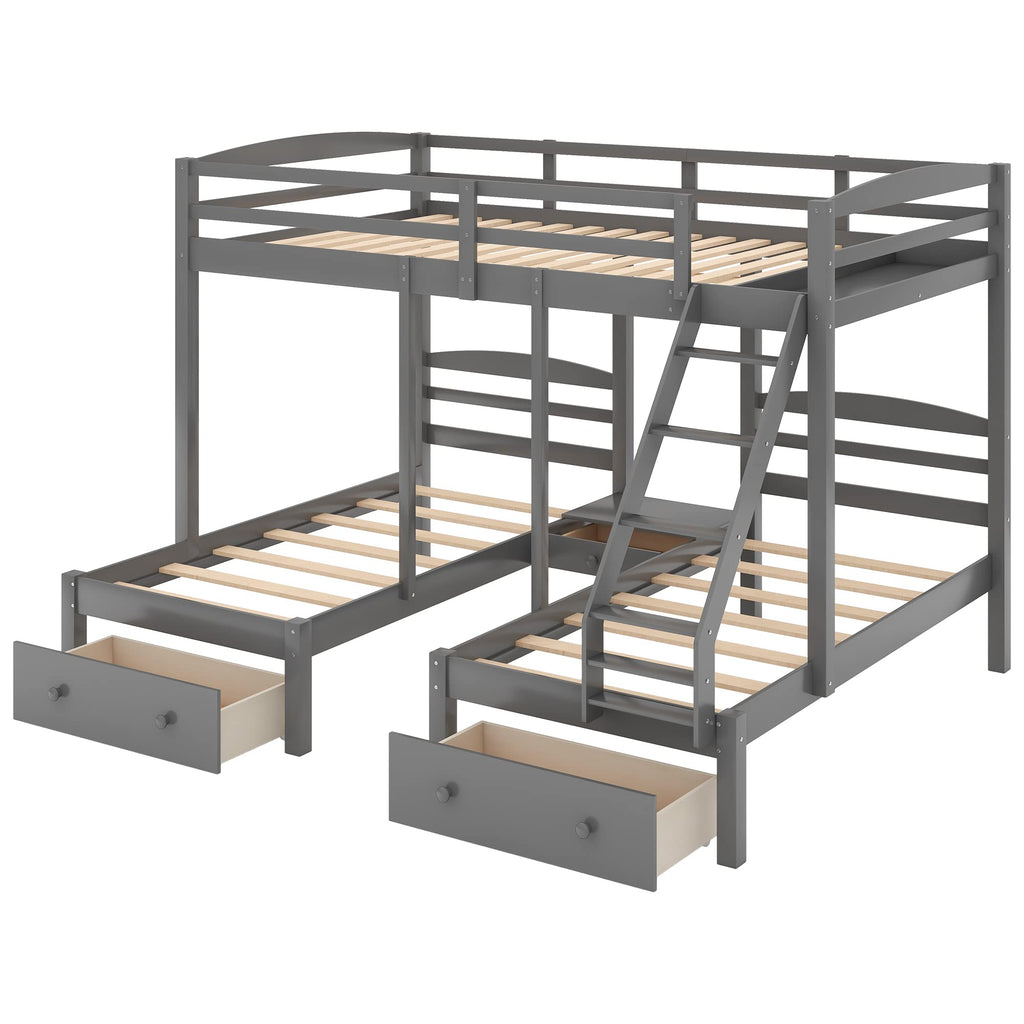 Full Over 2 Twin Wood Triple Bunk Bed with 3 Drawers and Guardrails Y42065