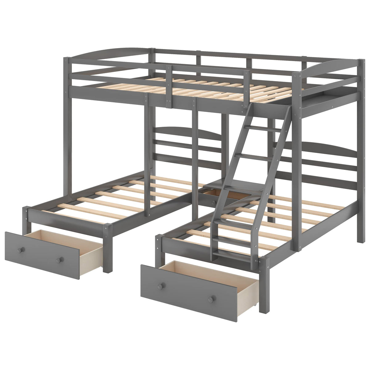 Full Over 2 Twin Wood Triple Bunk Bed with 3 Drawers and Guardrails Y42065