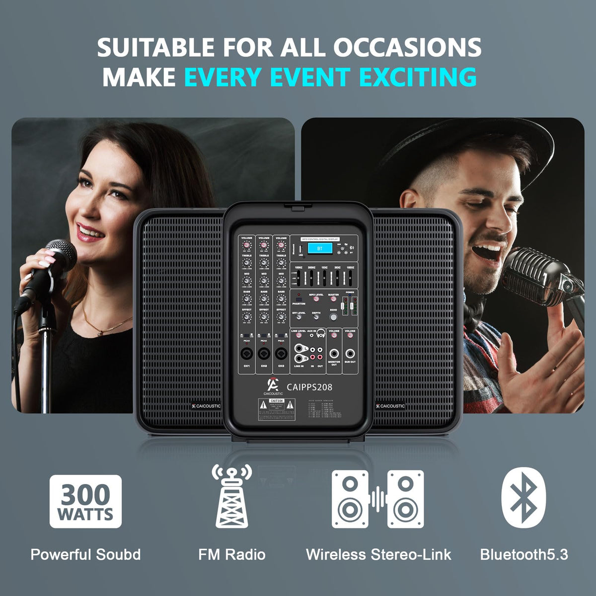 300W 8-Channel Bluetooth PA Speaker System with 8" Subwoofer and 1" Horn Tweeter S805124