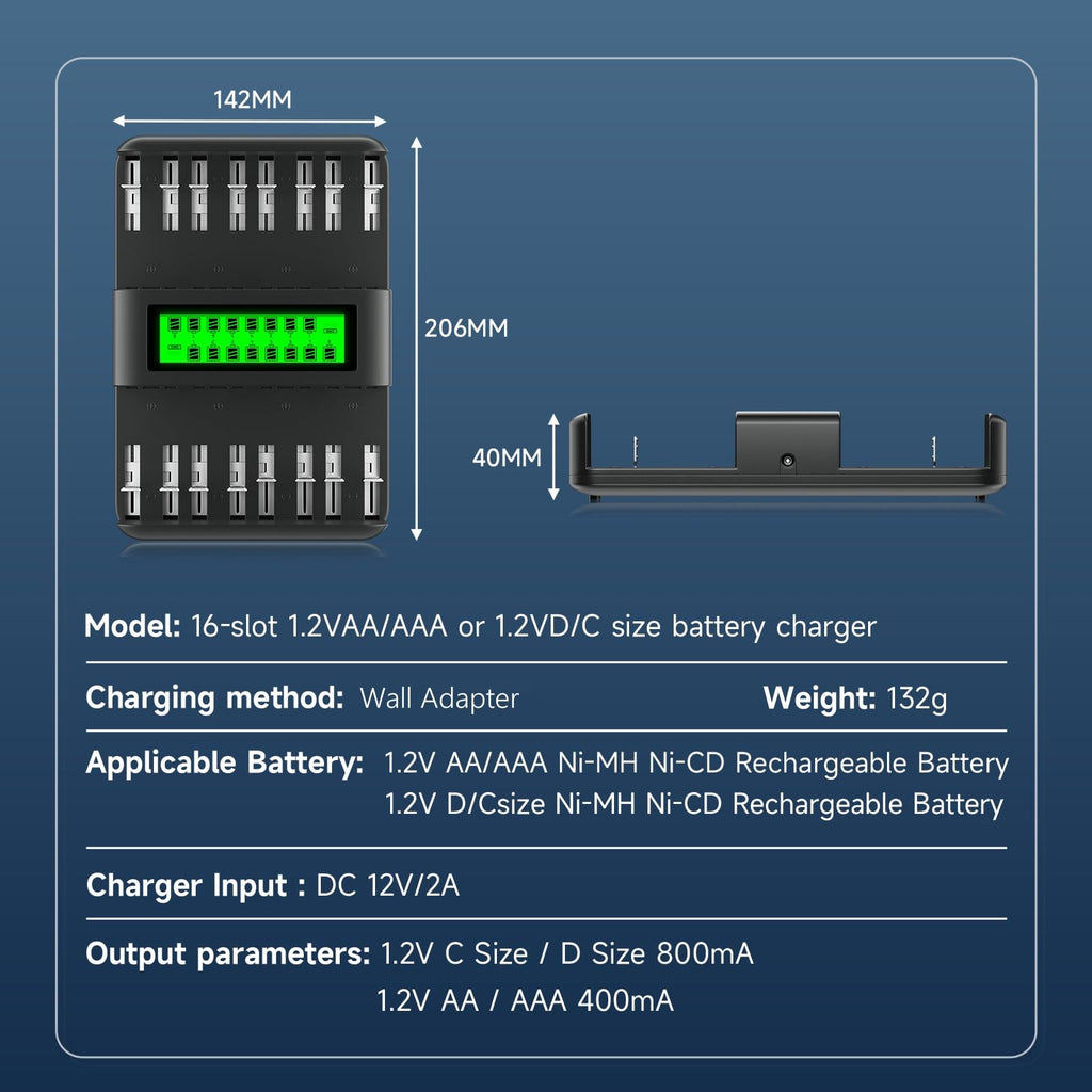 16 Bay Rechargeable Battery Charger with LCD Display P909286