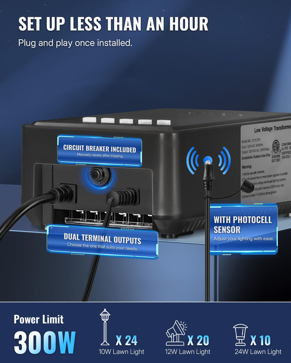 300W Low Voltage Landscape Transformer with Timer and Photocell Sensor H96985